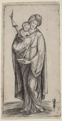 Donna e bambino con conocchia