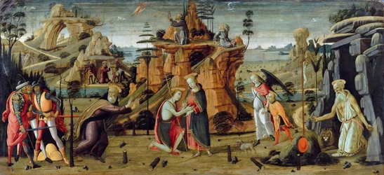Paesaggio con scene bibliche e leggende dei santi
