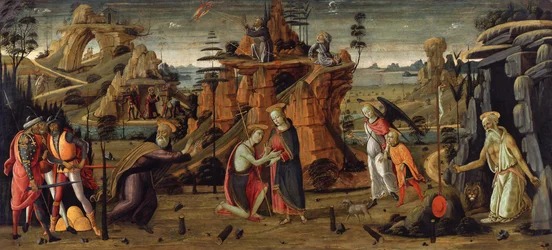 Paesaggio con scene bibliche e scene da leggende di santi