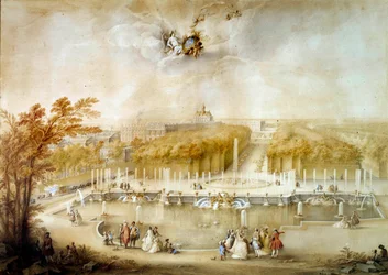 Veduta prospettica dei giardini e dei parterre del Nord e del castello di Versailles presa dal Bacino di Nettuno