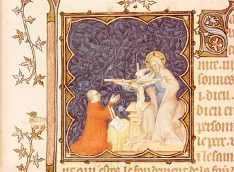 Jean de France (1340-1416) Duca di Berry che prega davanti a Gesù crocifisso, da Les Petites Heures de Duc de Berry, c.1385-90