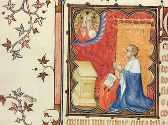 Jean de France (1340-1416) Duca di Berry che prega davanti al Padre Eterno, da Les Petites Heures de Duc de Berry
