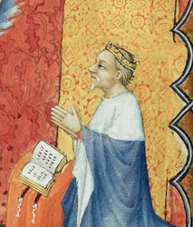 Jean de France, Duca di Berry che prega davanti al Padre Eterno, da Les Petites Heures de Duc de Berry (dettaglio)