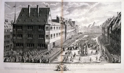 Illustrazione del XVIII secolo di Luigi XV, re di Francia, 1715-1774, che passa per Rue de Strasbourg, Parigi.
