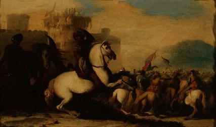 Uno scontro di cavalleria fuori da un forte