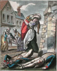 Donne che aiutano i feriti durante la Rivoluzione Francese, inciso da Labrousse, c.1795