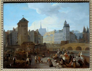 Rivoluzione francese: vista del ponte e della pompa Notre-Dame a Parigi