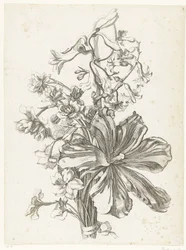 Bouquet con un tulipano, un giacinto, brodiaea e narcisi