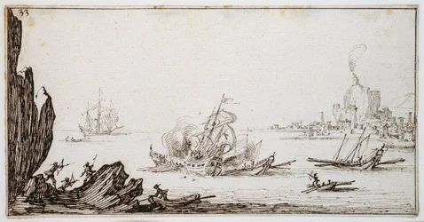 Una galea speronata a metà nave da una nave da guerra a vela in vista del porto, c.1617