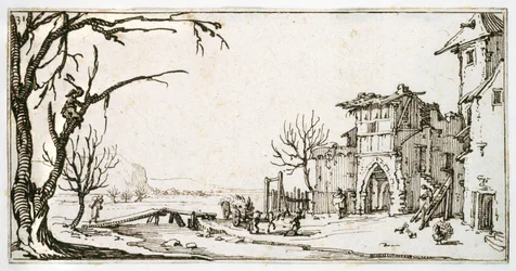 Un carro di fieno portato al cancello medievale di un villaggio, un uomo che taglia un ramo, da un album appartenente a Israel Silvestre, c.1630