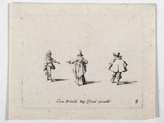 Una dama con la mano tesa, vista di spalle, e due cavalieri, da Les Fantaisies de Noble J. Callot ... (incisione)
