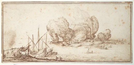 Rocce fantastiche, fortificate. Navigazione. Bivacco dei marinai in vista della loro imbarcazione (Le Grand Rocher)
