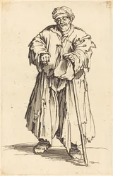 Mendicante grasso con occhi abbassati