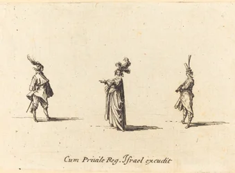 Signora con cappello piumato e due gentiluomini