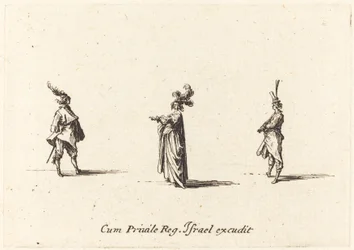 Signora con cappello piumato e due gentiluomini