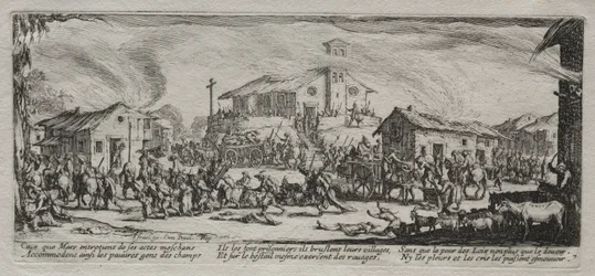Le grandi miserie della guerra: Saccheggio e incendio di un villaggio, 1633