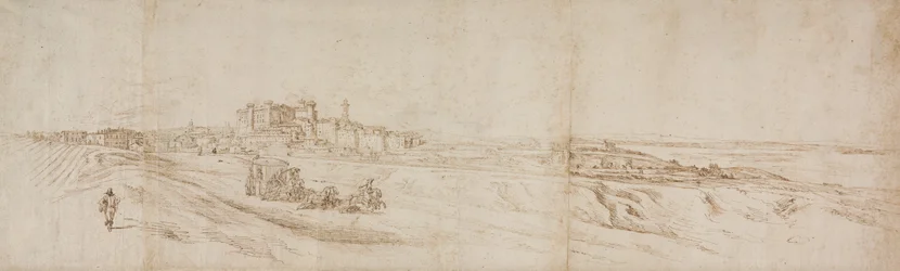 Veduta del Castello Bracciano, vicino a Roma con carrozza e figure