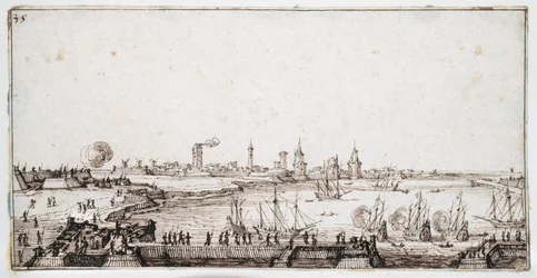 Veduta del porto di La Rochelle con galeoni che sparano un saluto