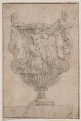 Vaso ornamentale con Pan, fauno e ninfa. Copia da Pl. 14 nella suite dei vasi disegnati da Saly nel 1746. "Vasa a se inventa..."