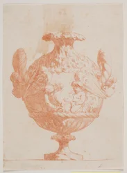 Vaso ornamentale con due teste e due putti. Copia dalla pl. 19 della suite dei vasi disegnati da Saly nel 1746. "Vasa a se inventa..."
