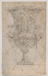 Vaso ornamentale con due putti (sirene?). Copia da incisione (pl. 9) nella suite dei vasi disegnati da Saly nel 1746. "Vasa a se inventa..."