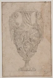 Vaso ornamentale con due gufi e una testa. Copia da Pl. 15 nella suite dei vasi disegnati da Saly nel 1746, "Vasa a se inventa..."