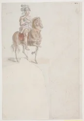 Cavaliere in abito romano con elmo piumato. Inoltre due deboli schizzi a matita rossa di uomini in piedi e semi inginocchiati.