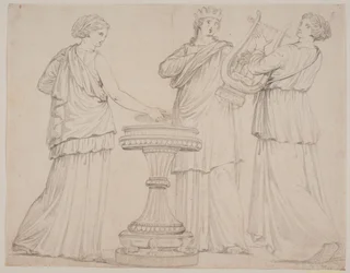 Tre donne in abiti greci presso un altare. La donna a sinistra con una tavoletta (?), al centro con una corona, a destra con una lira (terpsichore?)