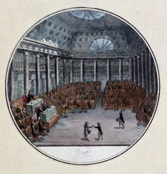 Colpo di Stato del Terzo Stato: «I deputati dei Comuni si costituirono da soli in Assemblea nazionale, contro la volontà dei deputati della Nobiltà e del Clero, riuniti in due camere il 17 giugno 1789». Incisione di Jacques-François Joseph Swebach