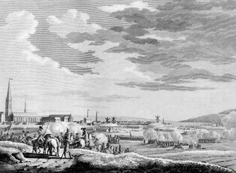 Guerra della Rivoluzione Francese e movimenti anti-rivoluzionari: Vittoria francese della Battaglia di Hondschoote vicino a Dunkerque contro le truppe anti-rivoluzionarie britanniche e austriache nel 1793. Incisione di Berthaut dopo Swebach. Parigi, Biblio