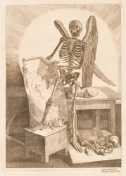 Uno Scheletro Alato che Tiene un Disegno Anatomico
