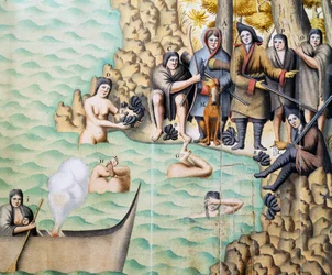 Donne native che raccolgono molluschi nello Stretto di Magellano, acquerello di Duplessis creato durante il viaggio di Jacques Gouin de Beauchesne in Patagonia tra il 1698 e il 1701, Argentina