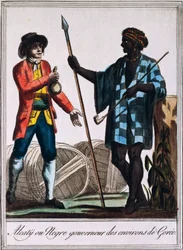 Alcaty, capo tribù di Gorée, Senegal, incisione da un disegno di Labrousse (attivo 1796), da Encyclopedie des Voyages, di Jacques Grasset de Saint-Sauveur (1757-1810)