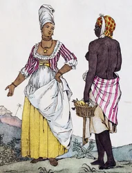 Donna nera e donna mulatta di Santo Domingo, incisione a colori da un disegno di Labrousse