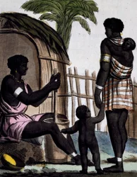 Donne Issinia che lavorano il riso, incisione a colori da un disegno di Labrousse (attivo 1796), da Enciclopedia dei viaggi, di Jacques Grasset de Saint-Sauveur (1757-1810)