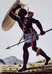 Guerriero Juida, Africa, incisione da Enciclopedia dei viaggi