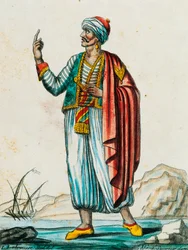 Costume maschile degli stati barbari e musulmani, incisione a colori da un disegno di Labrousse (attivo 1796), da Encyclopedie des Voyages, di Jacques Grasset de Saint-Sauveur (1757-1810)