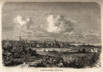 Veduta generale di Copenaghen, disegno di Jacques Guiaud, per illustrare il viaggio di J.M. Dargaud in Danimarca nel 1860. Incisione in "Le tour du monde"