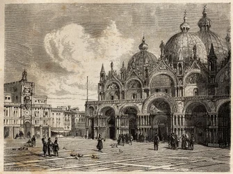 La piazza e la chiesa di San Marco, disegno di Jacques Guiaud (1810-1876), per illustrare il viaggio di Adalbert de Beaumont a Venezia, intorno al 1850. Incisione in "Le tour du monde", a cura di Edouard Charton.