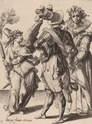 Cupido bendato che tiene una torcia davanti a una coppia, attribuito a Zacharias Dolendo, 1595-6