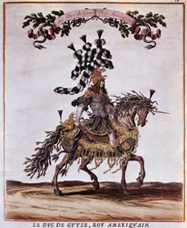 Manoscritto del Carosello 1662. Il Duca di Guisa nel Re Americano, partecipante al Carosello del 1662 (festa tenuta a Parigi sotto il regno di Luigi XIV). Illustrazione di Jacques I Bailly (1629 - 1679)