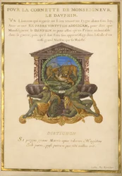 Ms. 11 (4) f.5, Emblema per Luigi XIV, c.1663-68 (guazzo e oro su pergamena)
