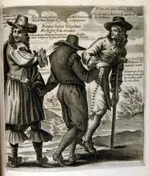Illustrazione incisa del XVII secolo tratta da una raccolta di proverbi. Parigi 1657-1663. Di Jacques Lagniet (1620-1675). Incisore francese. Da lui provengono molte incisioni socialmente critiche e immagini di scherno, come le sue illustrazioni a volte gr