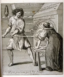 Illustrazione incisa del XVII secolo tratta da una raccolta di proverbi. Parigi 1657-1663. Di Jacques Lagniet (1620-1675). Incisore francese. Da lui provengono molte incisioni socialmente critiche e immagini di scherno, come le sue illustrazioni a volte gr