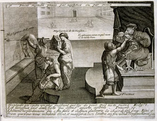 Illustrazione incisa del XVII secolo tratta da una raccolta di proverbi. Parigi 1657-1663. Di Jacques Lagniet (1620-1675). Incisore francese. Da lui provengono molte incisioni socialmente critiche e immagini di scherno, come le sue illustrazioni a volte gr