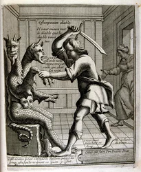 Illustrazione incisa del XVII secolo tratta da una raccolta di proverbi. Parigi 1657-1663. Di Jacques Lagniet (1620-1675). Incisore francese. Da lui provengono molte incisioni socialmente critiche e immagini di scherno, come le sue illustrazioni a volte gr