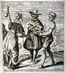 Illustrazione incisa del XVII secolo tratta da una raccolta di proverbi. Parigi 1657-1663. Di Jacques Lagniet (1620-1675). Incisore francese. Da lui provengono molte incisioni socialmente critiche e immagini di scherno, come le sue illustrazioni a volte gr