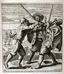 Illustrazione incisa del XVII secolo tratta da una raccolta di proverbi. Parigi 1657-1663. Di Jacques Lagniet (1620-1675). Incisore francese. Da lui provengono molte incisioni socialmente critiche e immagini di scherno, come le sue illustrazioni a volte gr