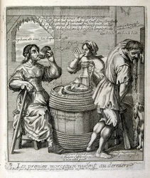 Illustrazione incisa del XVII secolo tratta da una raccolta di proverbi. Parigi 1657-1663. Di Jacques Lagniet (1620-1675). Incisore francese. Da lui provengono molte incisioni socialmente critiche e immagini di scherno, come le sue illustrazioni a volte gr