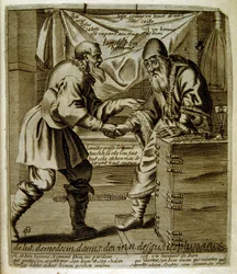 Illustrazione incisa del XVII secolo tratta da una raccolta di proverbi. Parigi 1657-1663. Di Jacques Lagniet (1620-1675). Incisore francese. Da lui provengono molte incisioni socialmente critiche e immagini di scherno, come le sue illustrazioni a volte gr
